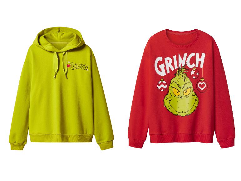 Twee Grinch-sweatshirts: een limoengroene hoodie en een rood sweatshirt zonder capuchon.