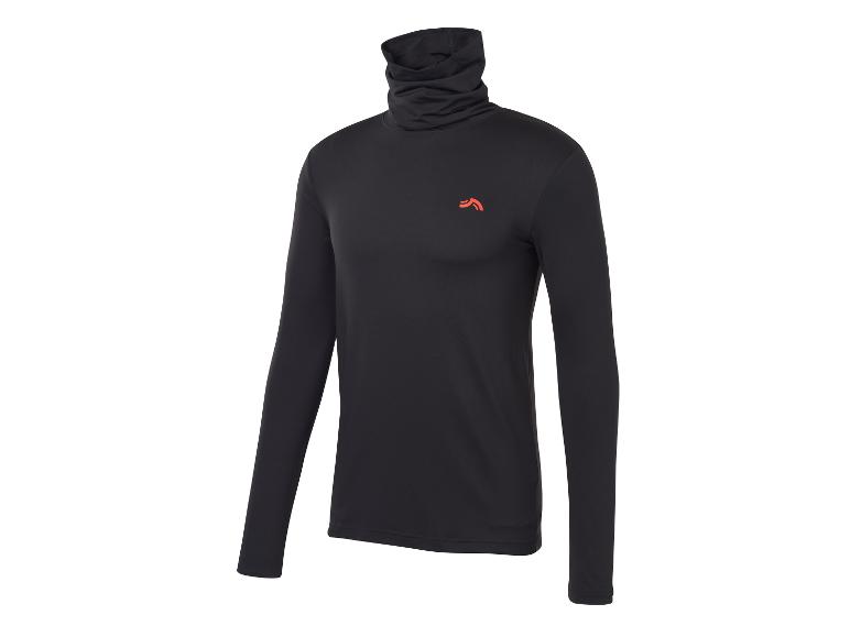 Een zwart shirt met lange mouwen en een hoge kraag, met een oranje logo op de borst.