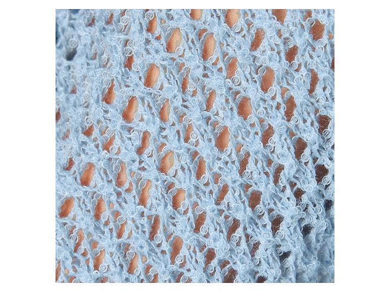 Detail van een opengewerkt, lichtblauw gebreid textiel.