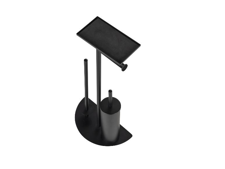 Zwarte metalen houder voor toiletpapier, borstel en extra rollen.