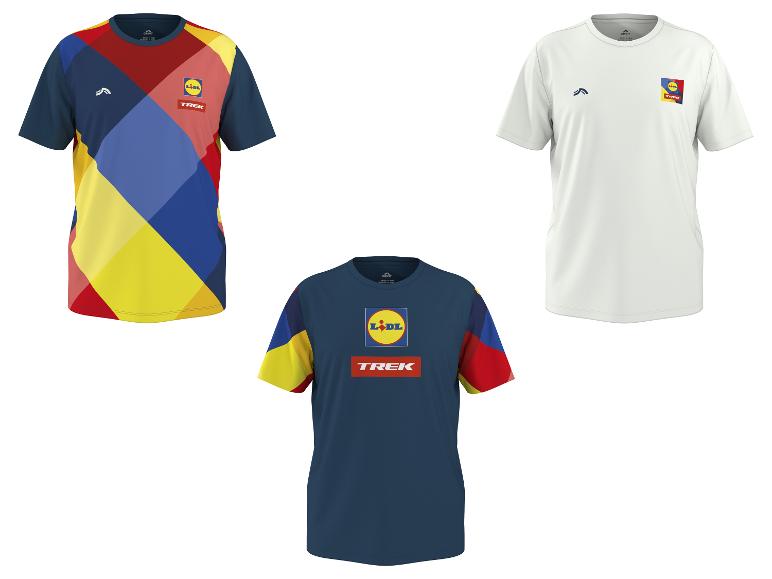 Drie sportshirts: één met een kleurrijk patroon, één wit en één marineblauw.