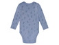 Een blauwe baby romper met een print van hondjes.