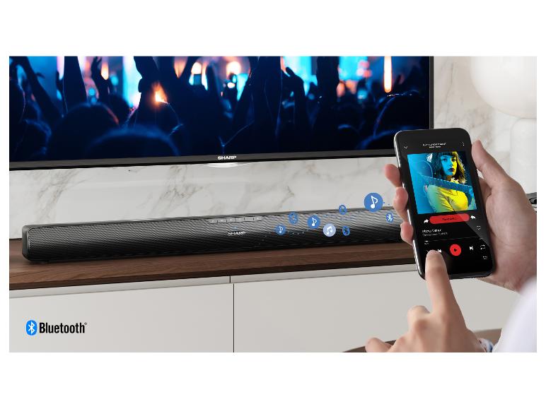 Sharp soundbar met Bluetooth-verbinding, die muziek afspeelt vanaf een smartphone.
