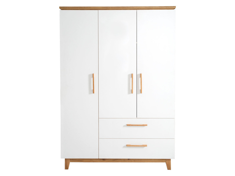 Een witte kledingkast met twee deuren en twee laden.