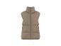 Mouwloos, gewatteerd vest in een beige kleur met een hoge kraag en ritssluiting.