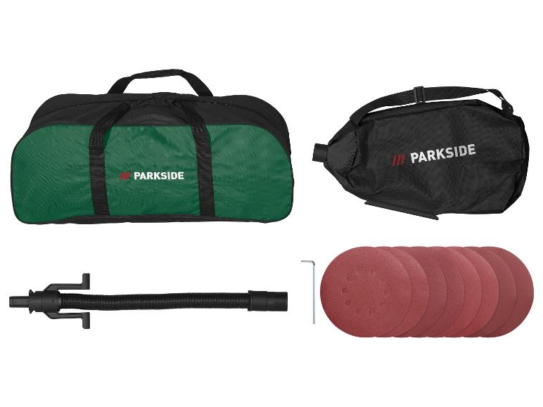 Parkside gereedschapstas, stofzak, slang, inbussleutel en schuurschijven