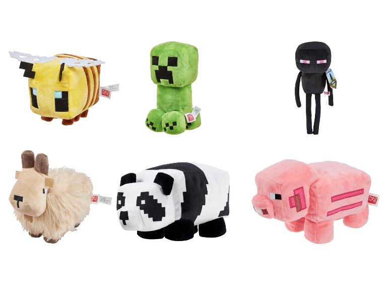 Minecraft knuffels: bij, creeper, enderman, geit, panda en varken.