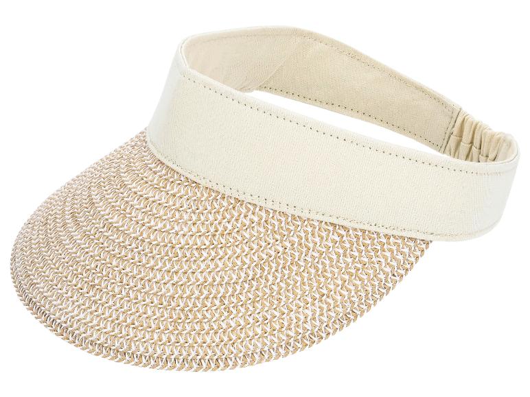 Beige strooien zonneklep met elastische band, ideaal voor zonbescherming.