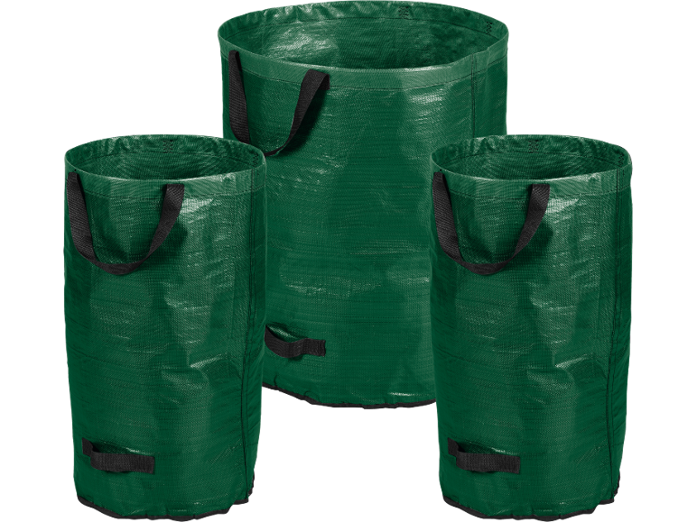 Drie groene tuinafvalzakken met zwarte handvatten, één grote en twee kleinere.