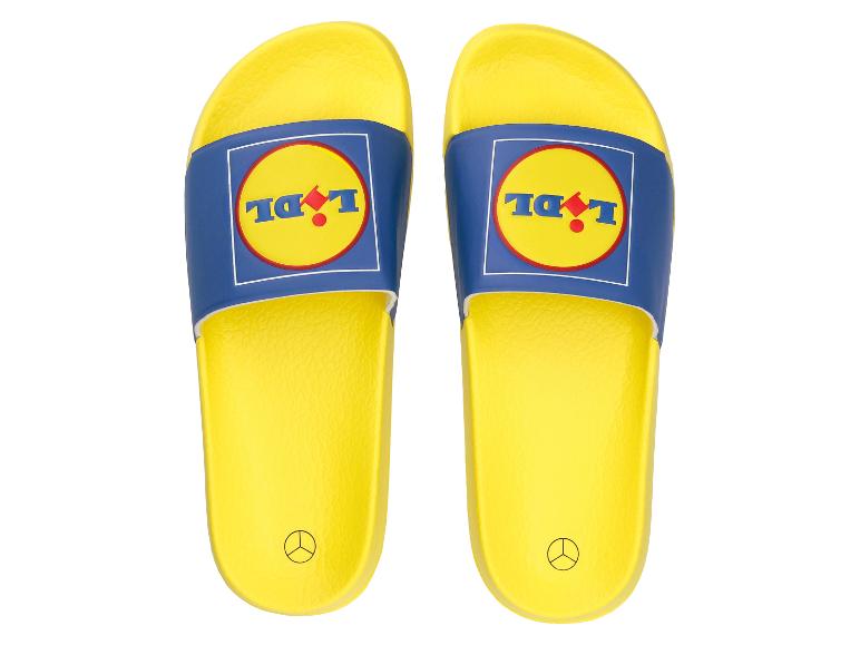Gele slippers met blauwe band en logo
