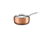 Koperkleurige steelpan met deksel en metalen handvat.