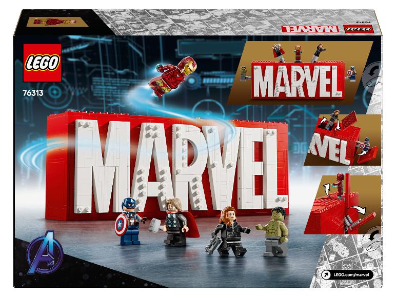 LEGO Marvel set met rode en witte letters, Iron Man, Captain America, Thor, Black Widow en Hulk minifiguren.