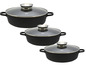 Een set van drie ELO kookpannen met glazen deksels.