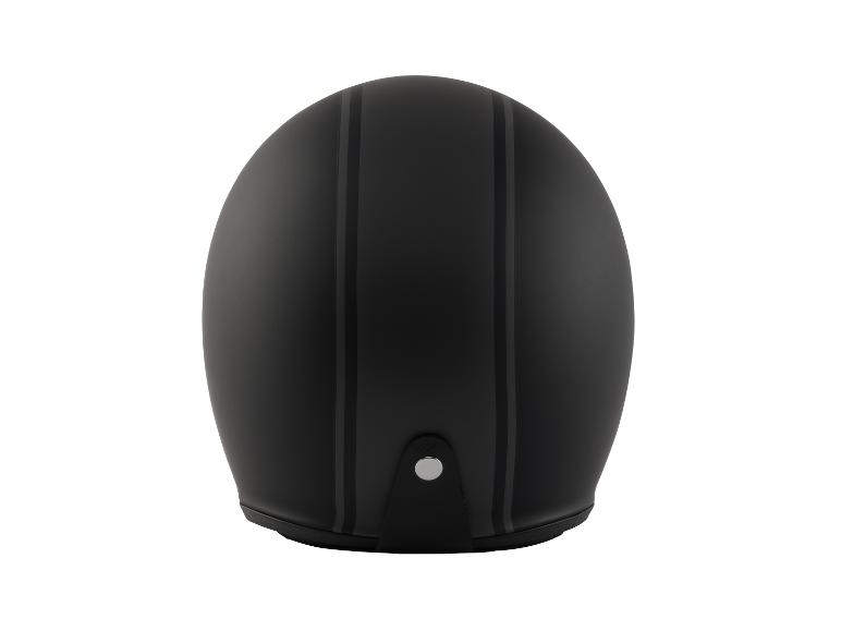 Een zwarte motorhelm met twee grijze strepen.