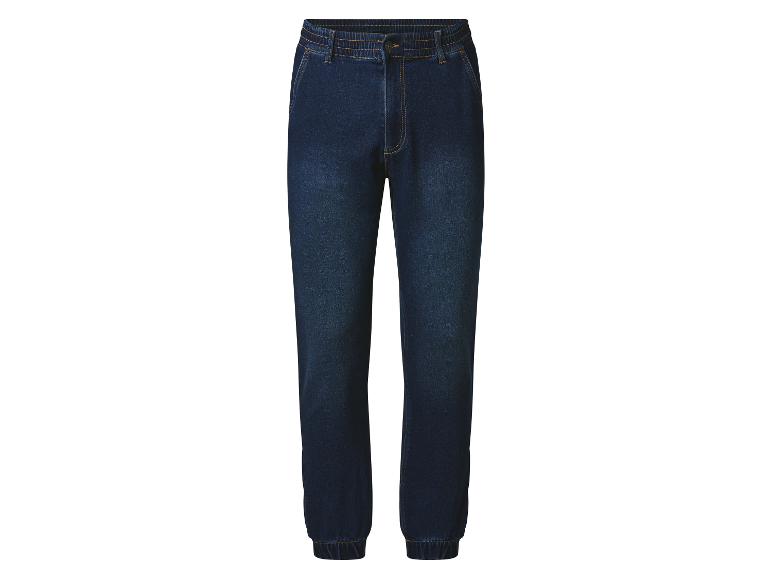Donkerblauwe jeans met elastische tailleband en boorden.