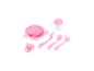 Roze poppenservies met kom, beker, bestek en speen.