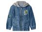 Kinderdenimjack met grijze capuchon en cartoonhondenpatch.