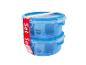 Twee blauwe ronde voedselcontainers met een rode band met de tekst 'Set' en een inhoud van 850 ml.