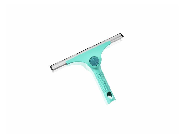 Turquoise raamwisser met handvat en rubberen rand.
