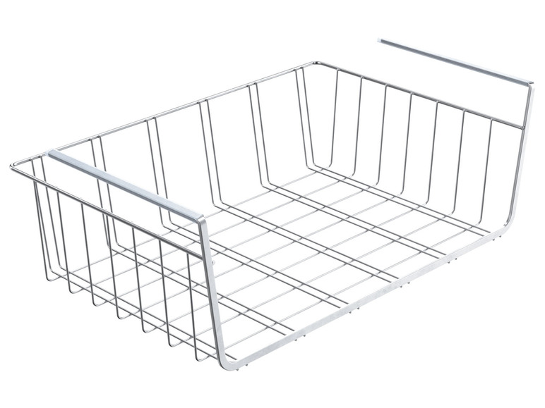 Een zilveren draadmand met handvatten voor onder een plank.