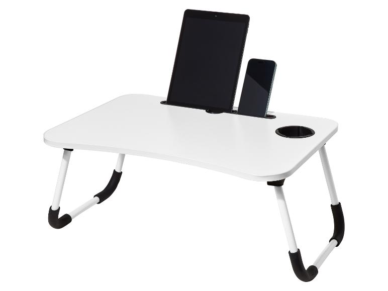 Witte bedtafel met tablet en smartphone, inclusief bekerhouder.