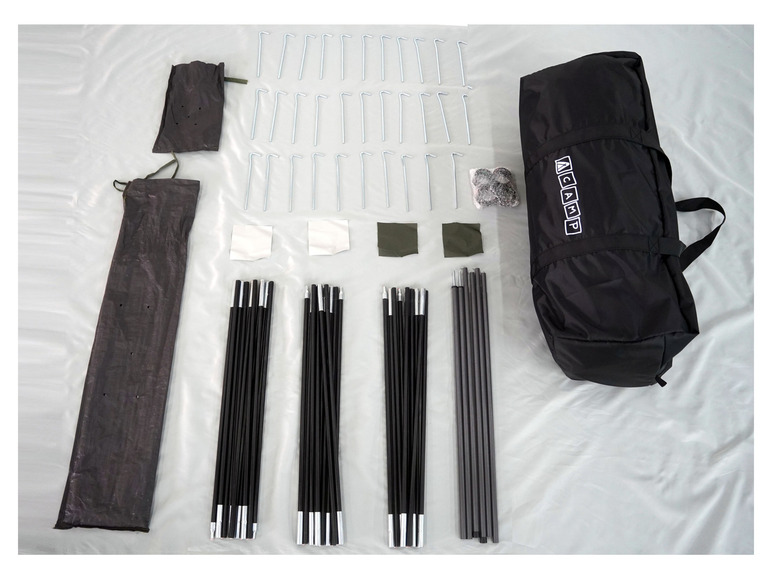 Een zwarte ACAMP tent met bijbehorende onderdelen, zoals tentstokken en haringen.