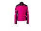 Fuchsia en zwart gewatteerd jack met reflecterende strepen op de mouwen.