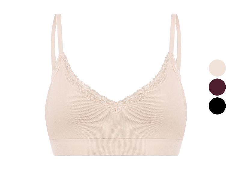 Dames bralette in beige met kant en ribbeltextuur, verkrijgbaar in drie kleuren.