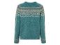 Turquoise trui met Noorse patroon.