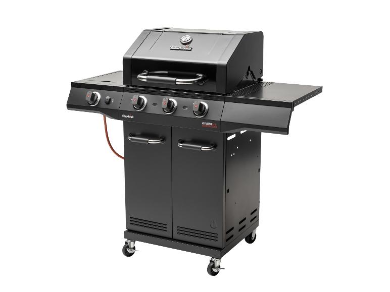 Zwarte gasbarbecue met vier branders, bedieningsknoppen en wielen.