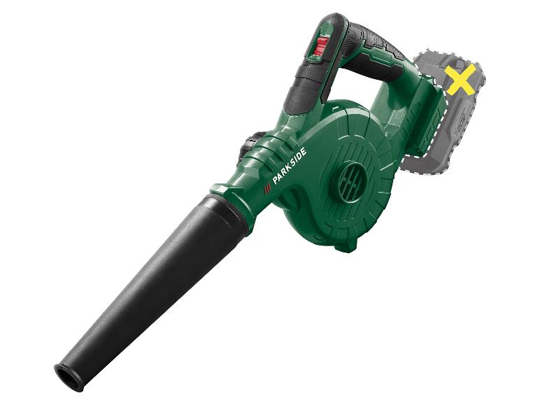 Accu bladblazer in groen en zwart, met een batterijpakketomtrek gemarkeerd met een X.