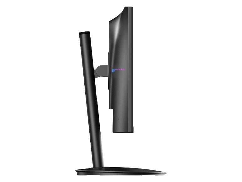 Zwarte computermonitor met standaard en voet, zijaanzicht.