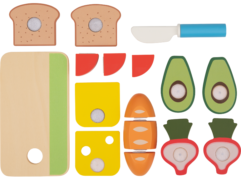 Houten speelgoedeten: brood, kaas, avocado, wortel, radijs, tomaat en snijplank met mes.