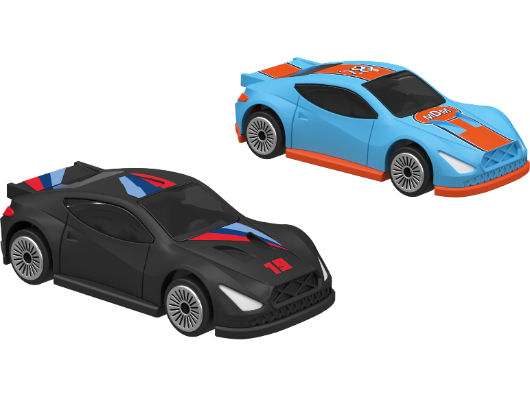 Twee speelgoedauto's voor kinderen in blauw en zwart op een zwarte achtergrond.