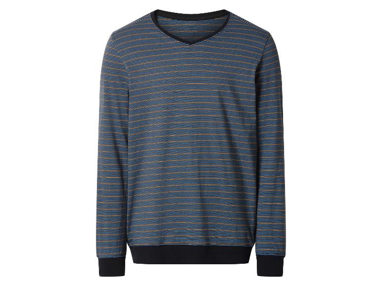 Gestreept V-hals sweatshirt met lange mouwen in blauw, zwart en bruin.