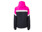 Roze, wit en donkerblauwe ski-jas met capuchon, achterkant.