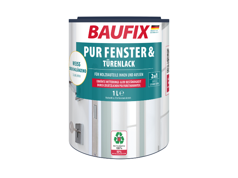 Baufix verf voor ramen en deuren, zijdeglans wit, 2-in-1.