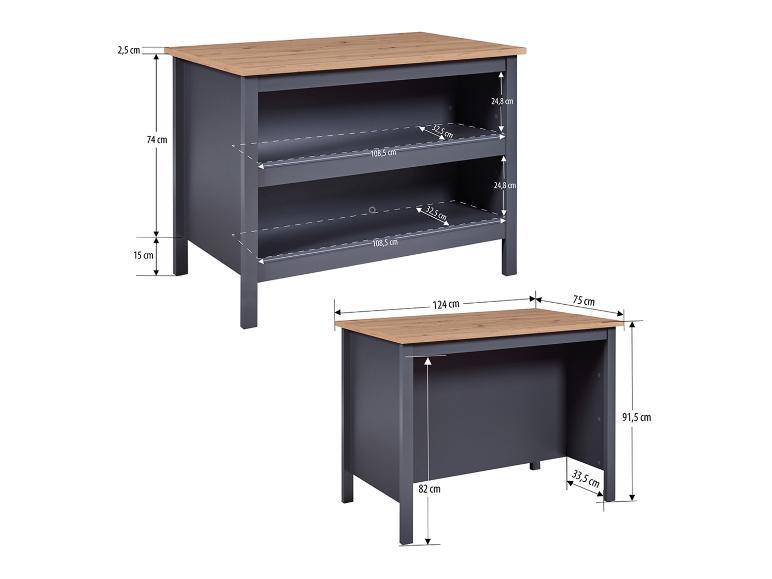 Twee grijze en houtkleurige meubelstukken met afmetingen: een lage kast en een bureau.