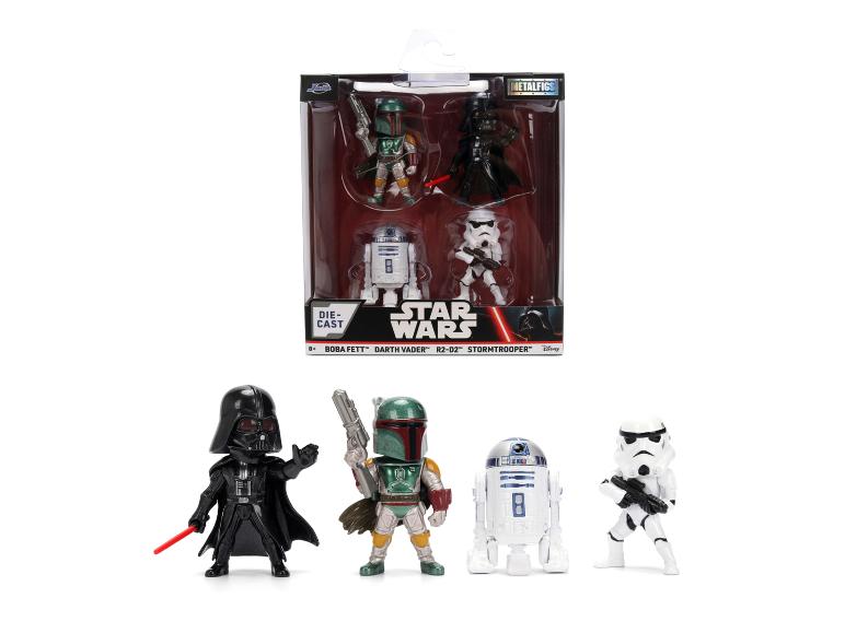 Star Wars gegoten figuren van Boba Fett, Darth Vader, R2-D2 en een Stormtrooper.