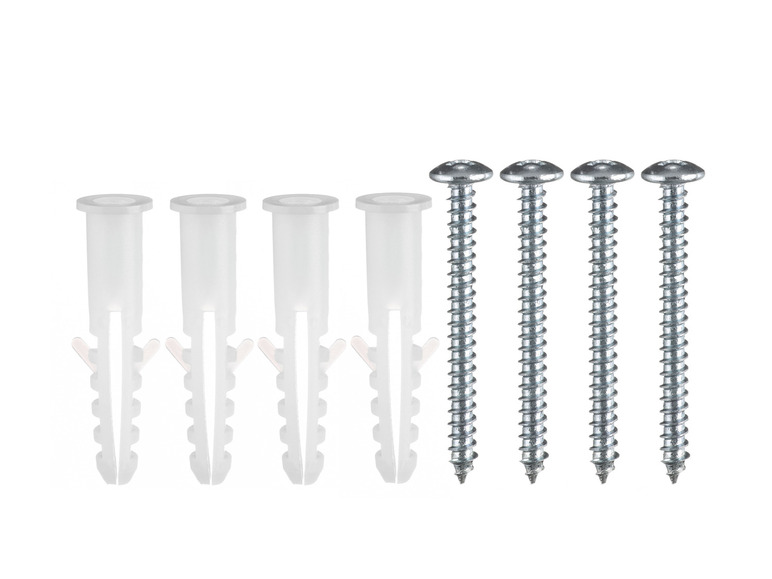 Drie schroeven met ronde kop en vier plastic pluggen.