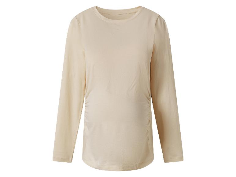 Een beige zwangerschaps-T-shirt met lange mouwen en plooien aan de zijkanten.