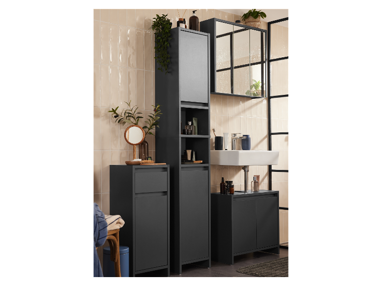 Modern badkamermeubilair: hoge kast, wastafel en spiegel.