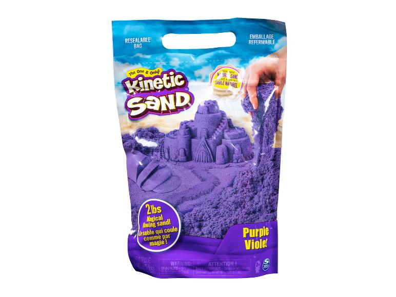 Paars kinetisch zand in een hersluitbare zak, 2 lbs, met een waarschuwing voor verstikkingsgevaar.
