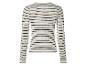 Geribbelde trui met zwart-witte strepen, achteraanzicht.