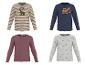 Vier kinderlongsleeves: twee met prints (dinosaurus, graafmachine) en twee met patronen (strepen, regenbogen).