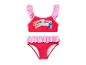 Rode tweedelige zwemkleding met roze ruches en puppy-opdruk met de tekst 'BE HAPPY'.