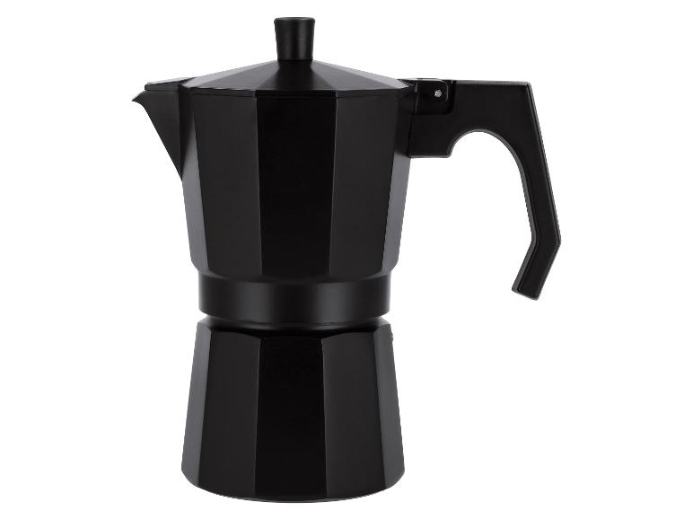 Zwarte moka-pot voor het zetten van espresso op het fornuis.