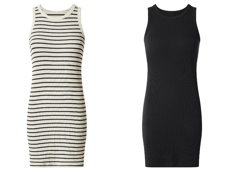 Aansluitende mouwloze jurken: één gestreept, de andere zwart.