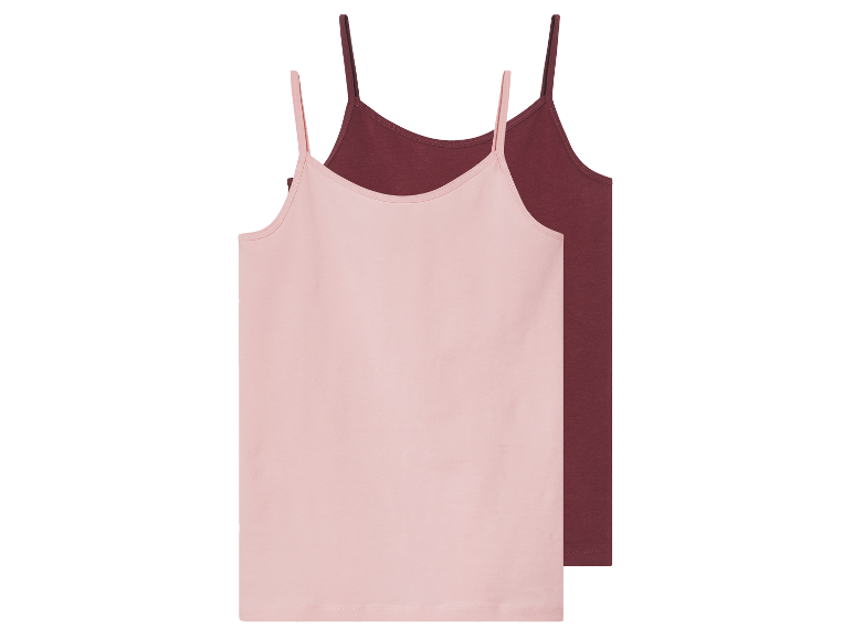Twee camisoles in roze en bordeauxrood.