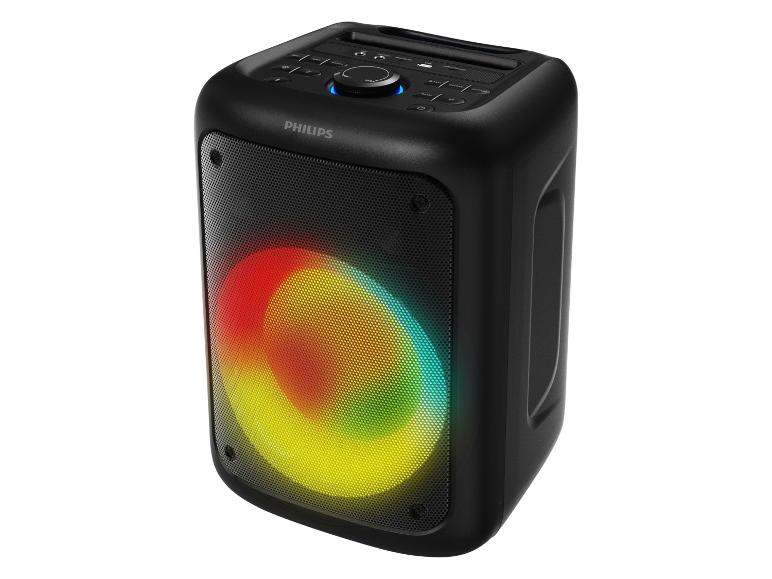 Zwarte feestluidspreker met levendige LED-verlichting op het voorrooster.